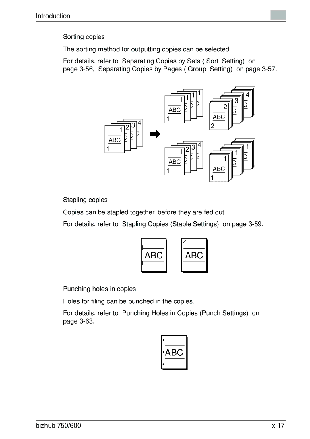 Konica Minolta 750 manual Sorting copies, Stapling copies, Punching holes in copies 