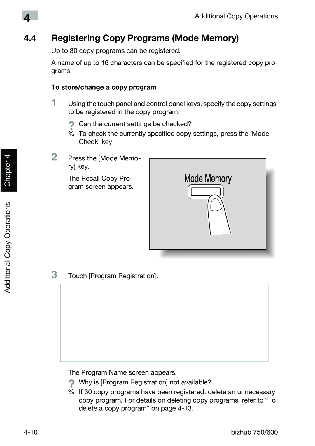 Konica Minolta 750 manual Registering Copy Programs Mode Memory, To store/change a copy program 