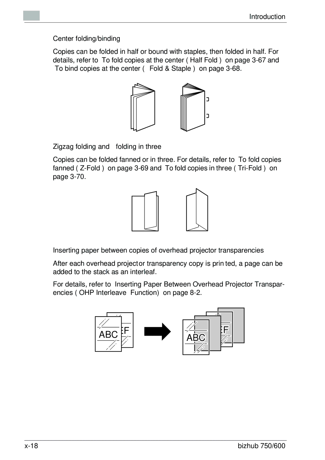 Konica Minolta 750 manual Center folding/binding, Zigzag folding and folding in three 