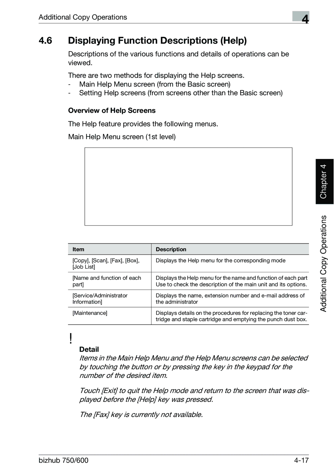 Konica Minolta 750 manual Displaying Function Descriptions Help, Overview of Help Screens 