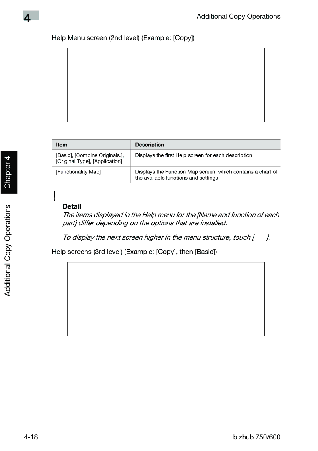 Konica Minolta 750 manual Help screens 3rd level Example Copy, then Basic 