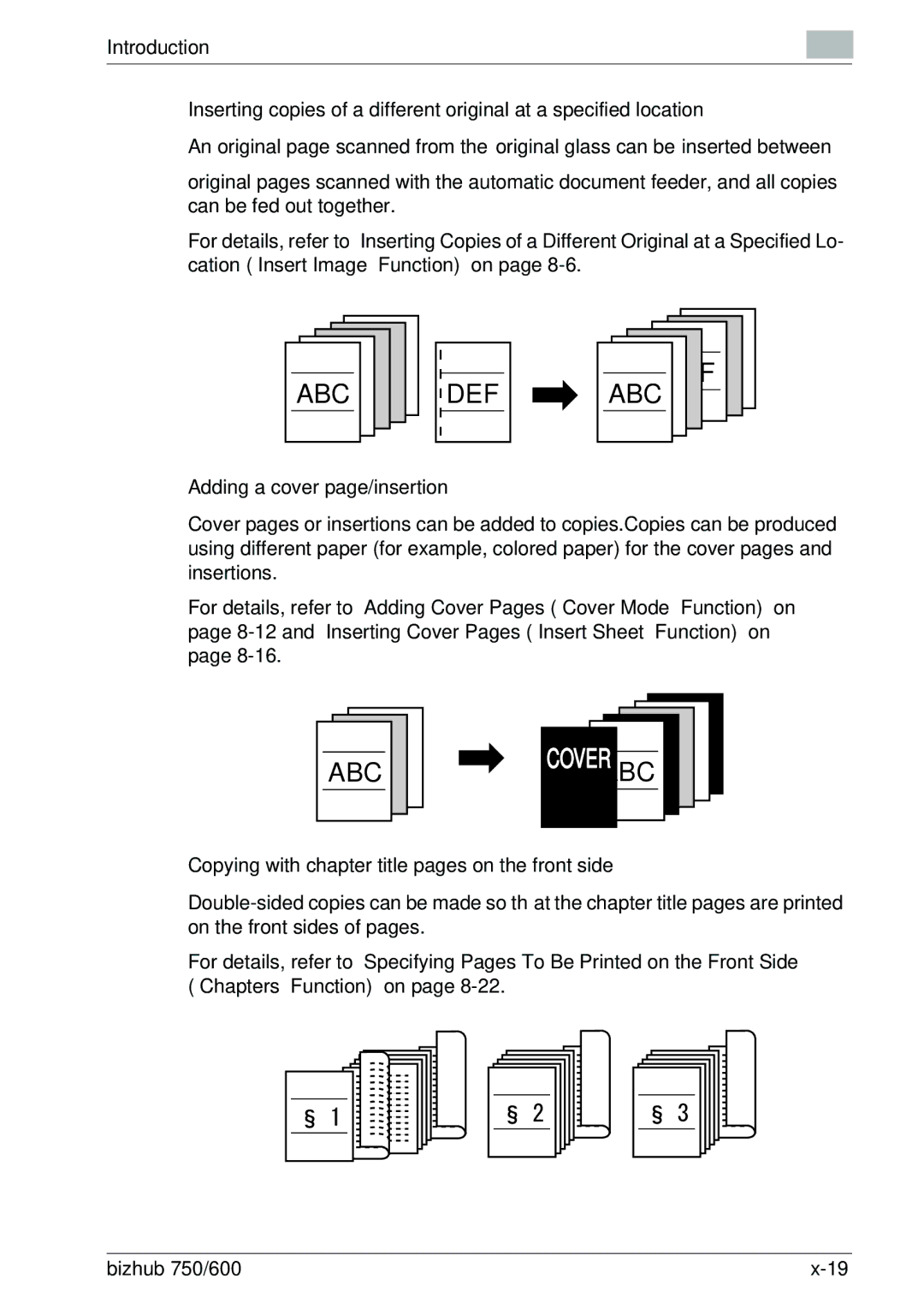 Konica Minolta 750 manual Adding a cover page/insertion, Copying with chapter title pages on the front side 