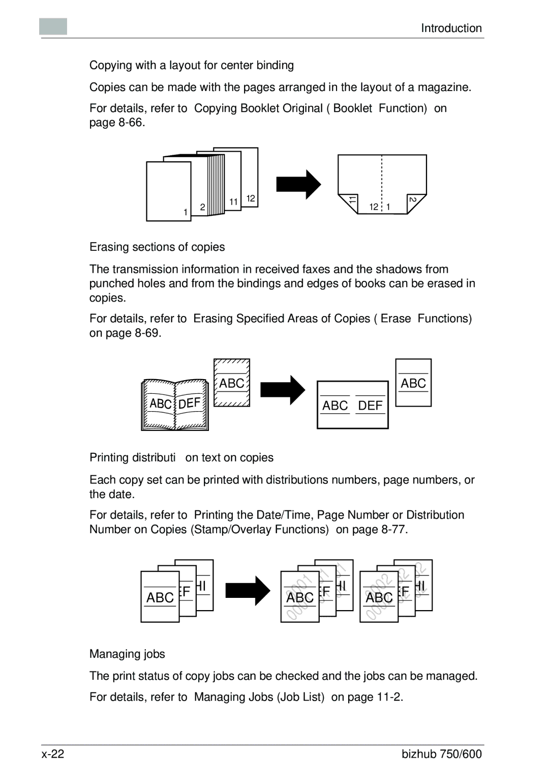 Konica Minolta 750 manual Copying with a layout for center binding, Erasing sections of copies, Managing jobs 