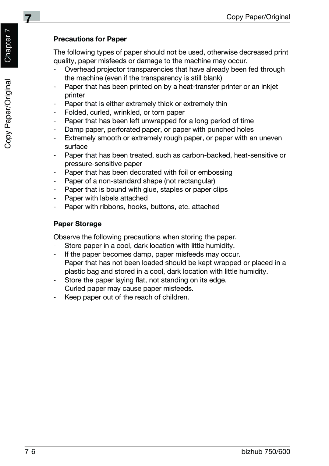 Konica Minolta 750 manual Precautions for Paper, Paper Storage 