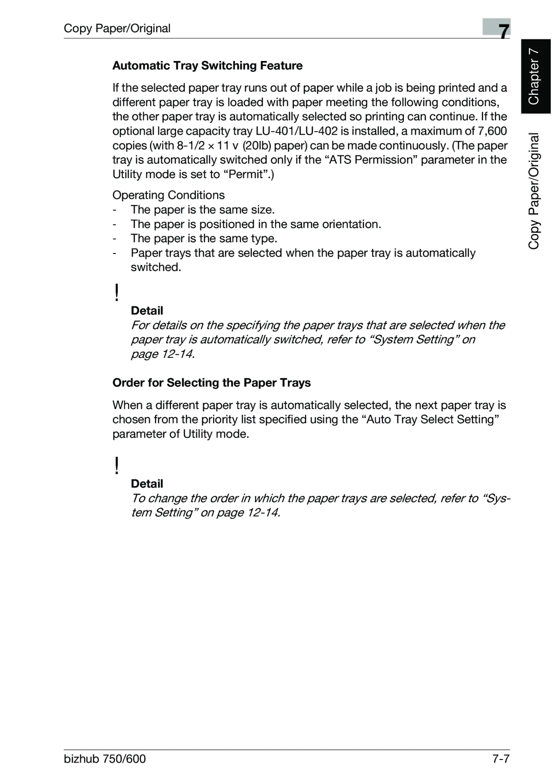 Konica Minolta 750 manual Automatic Tray Switching Feature, Order for Selecting the Paper Trays 