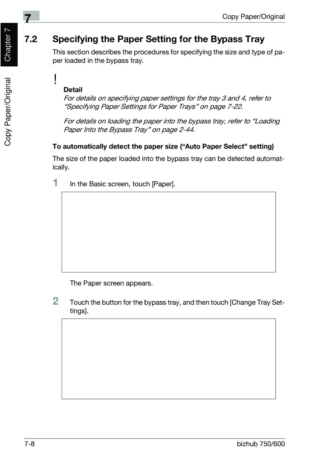 Konica Minolta 750 manual Specifying the Paper Setting for the Bypass Tray 