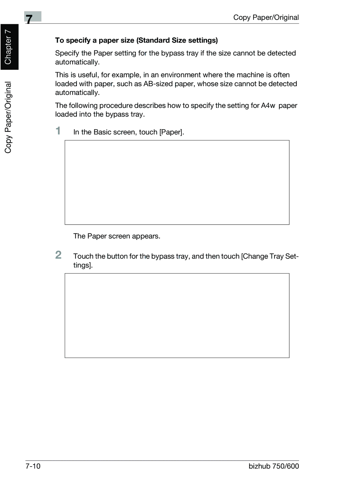 Konica Minolta 750 manual Copy Paper/Original, To specify a paper size Standard Size settings 