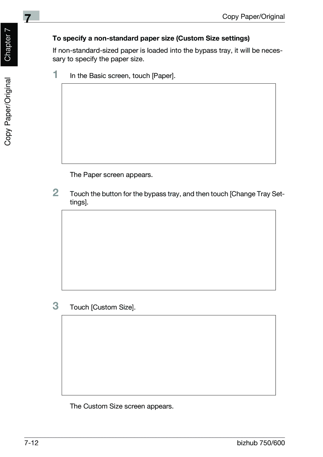 Konica Minolta 750 manual To specify a non-standard paper size Custom Size settings 