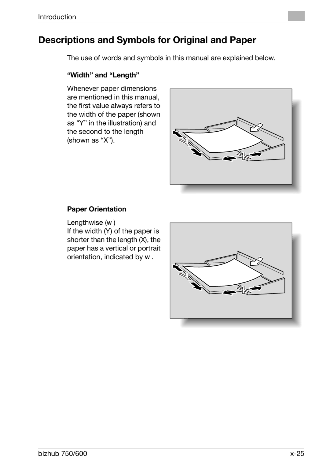 Konica Minolta 750 Descriptions and Symbols for Original and Paper, Width and Length, Paper Orientation, Lengthwise w 