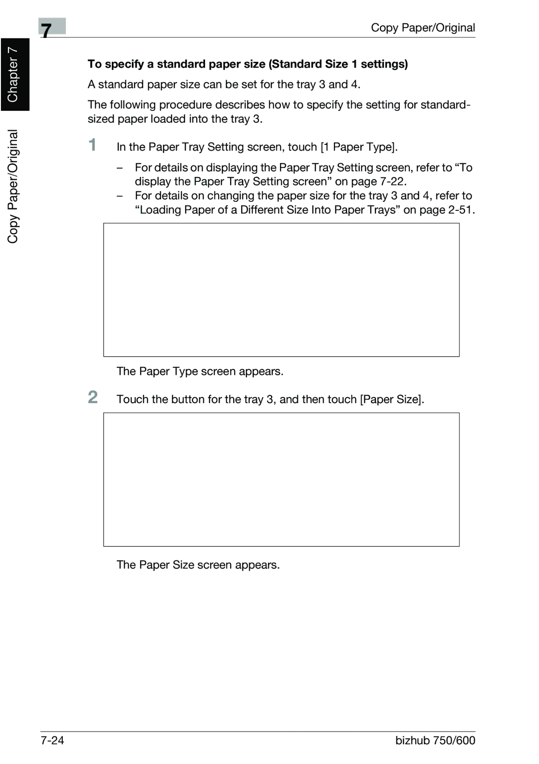 Konica Minolta 750 manual Copy Paper/Original, To specify a standard paper size Standard Size 1 settings 