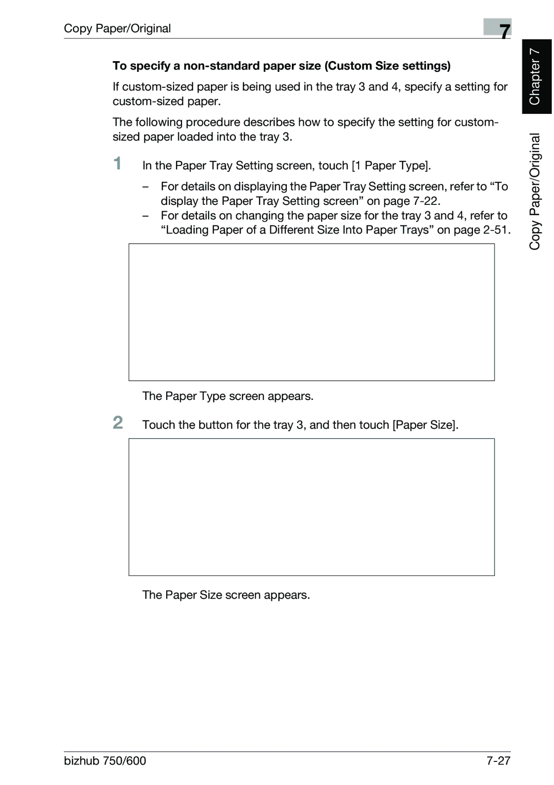 Konica Minolta 750 manual To specify a non-standard paper size Custom Size settings 