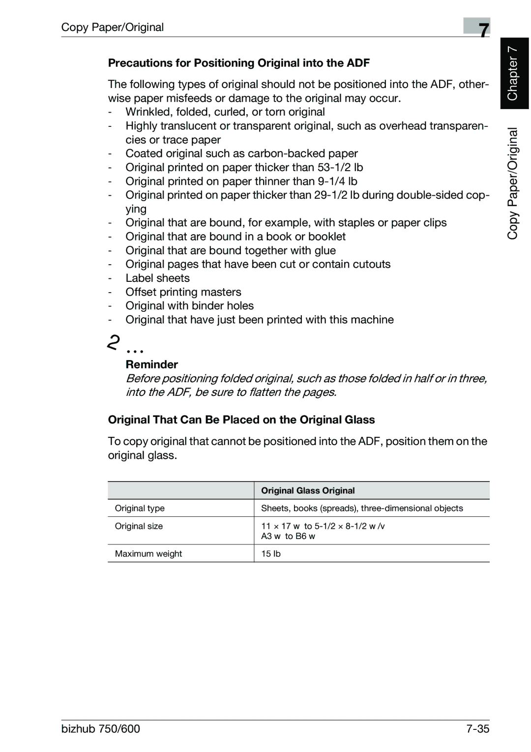 Konica Minolta 750 Precautions for Positioning Original into the ADF, Original That Can Be Placed on the Original Glass 