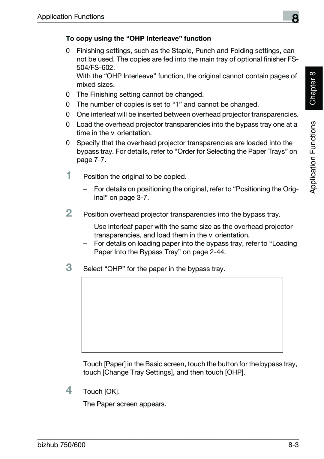 Konica Minolta 750 manual Application Functions, To copy using the OHP Interleave function 