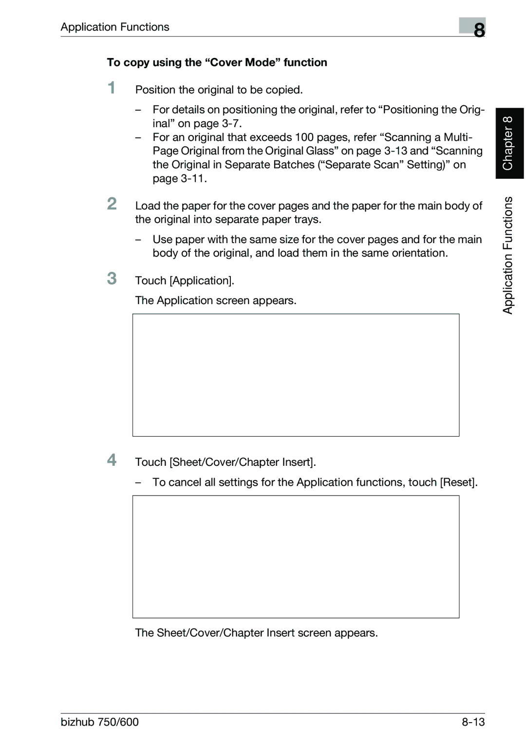 Konica Minolta 750 manual Application Functions, To copy using the Cover Mode function 