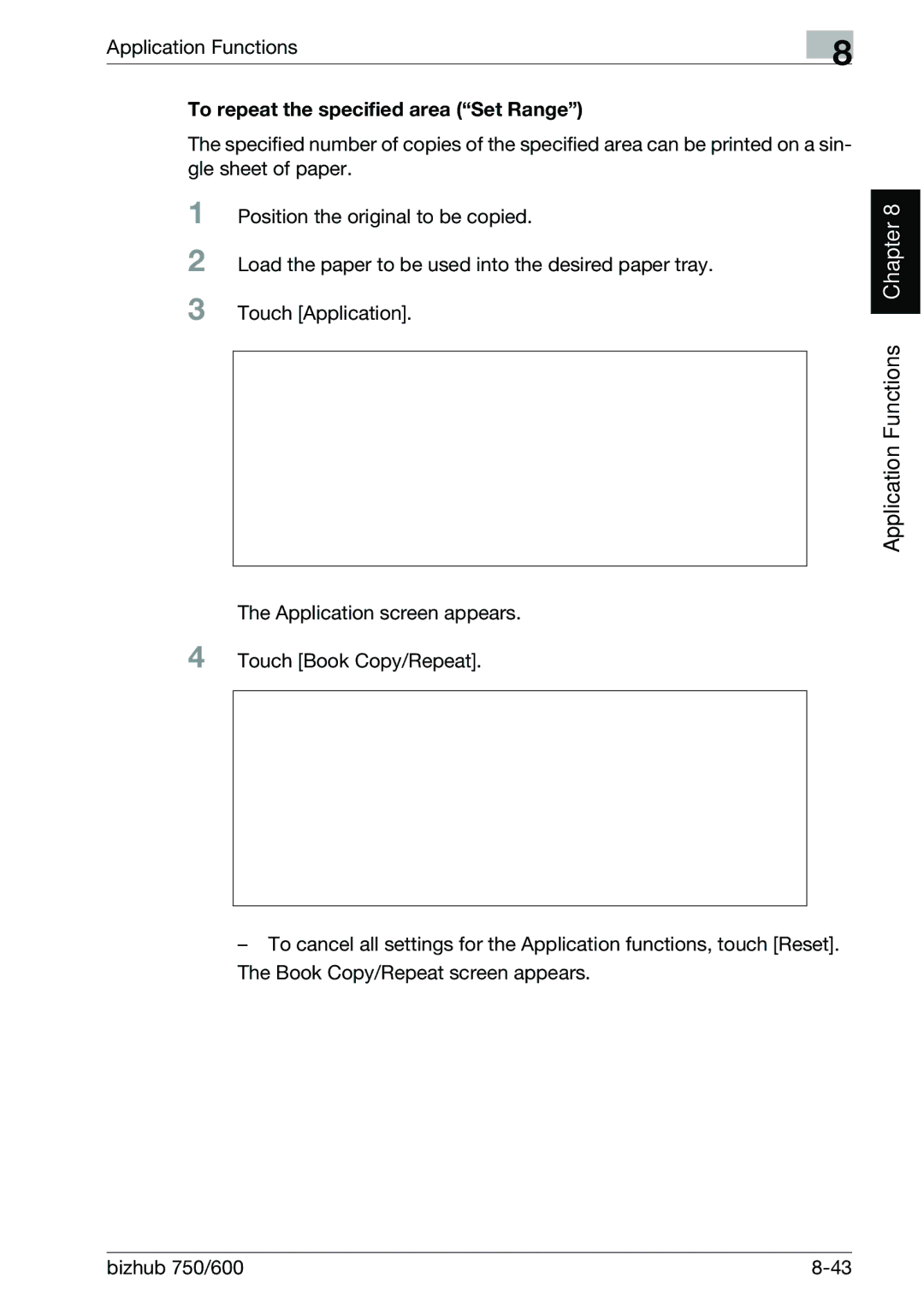 Konica Minolta 750 manual Application Functions, To repeat the specified area Set Range 