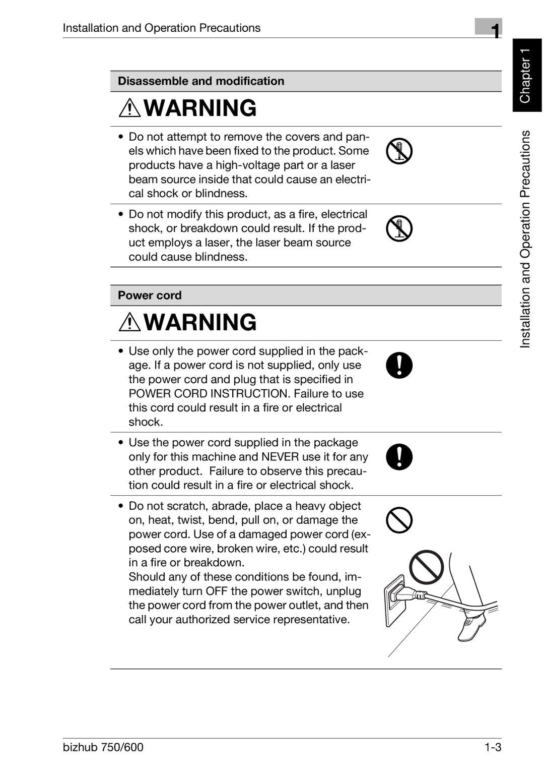 Konica Minolta 750 manual Installation and Operation Precautions, Disassemble and modification, Power cord 