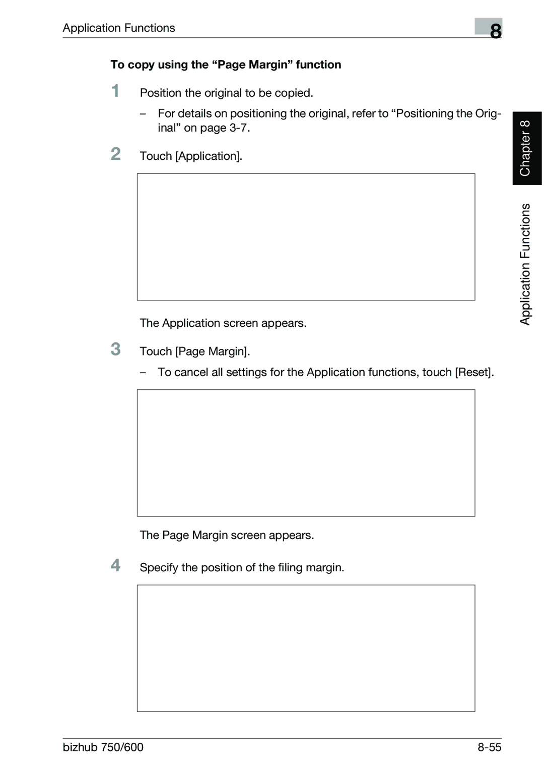 Konica Minolta 750 manual Application Functions, To copy using the Page Margin function 