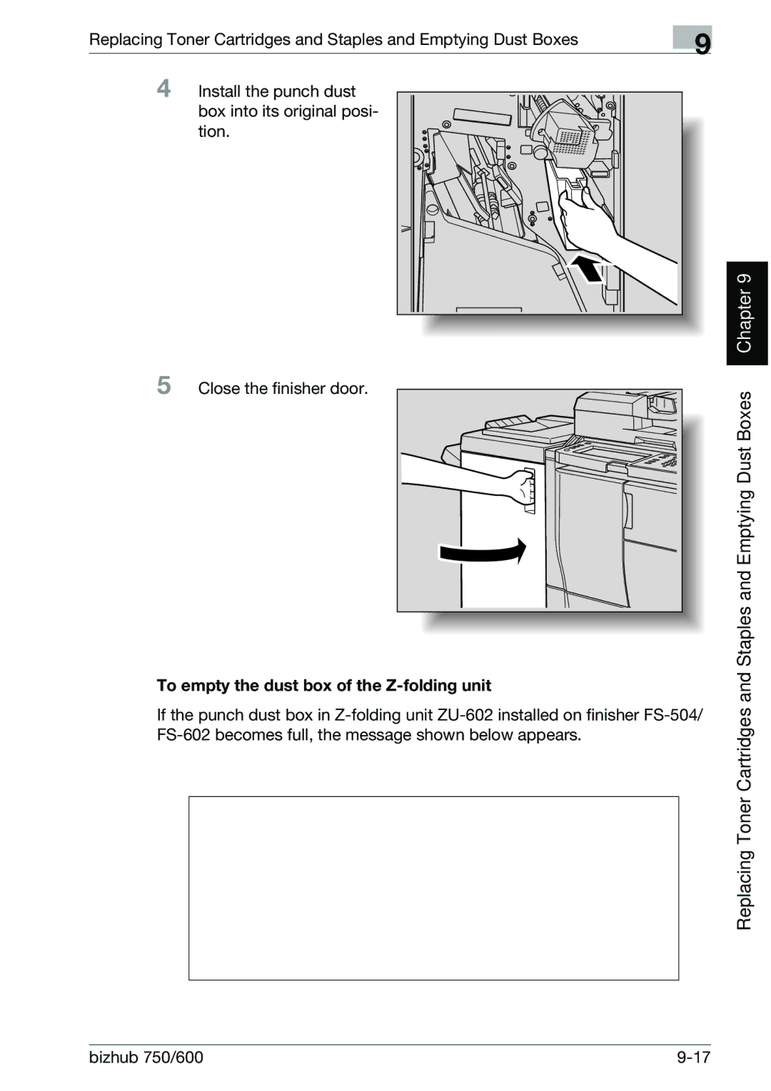 Konica Minolta 750 manual To empty the dust box of the Z-folding unit 