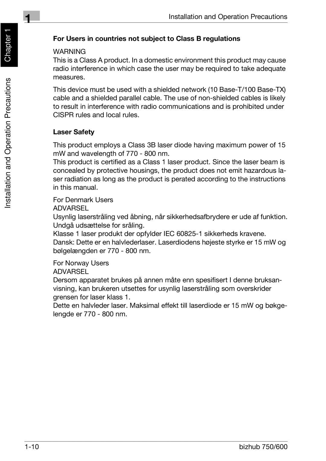 Konica Minolta 750 manual For Users in countries not subject to Class B regulations, Laser Safety 