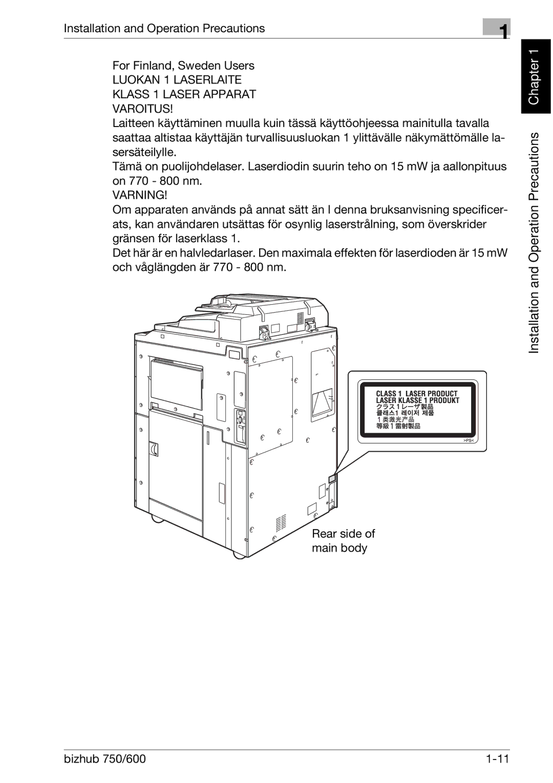 Konica Minolta 750 manual Luokan 1 Laserlaite Klass 1 Laser Apparat Varoitus 