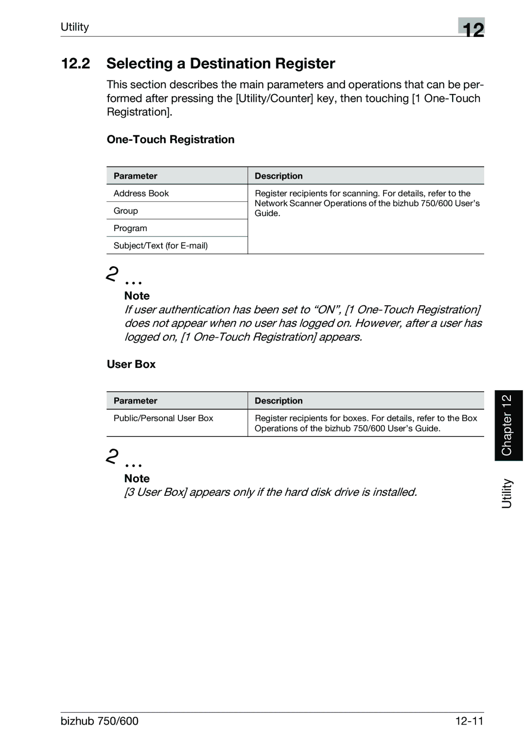 Konica Minolta manual Selecting a Destination Register, One-Touch Registration, User Box, Bizhub 750/600 12-11 