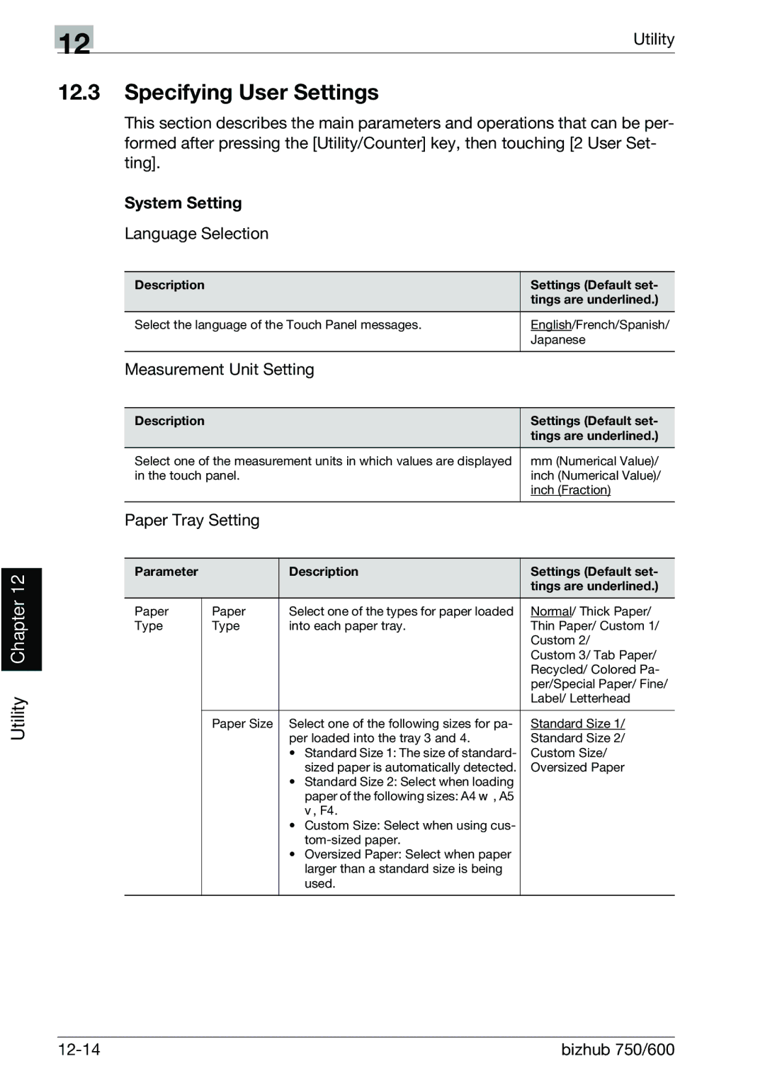 Konica Minolta 750 manual Specifying User Settings, System Setting, Language Selection, Measurement Unit Setting 