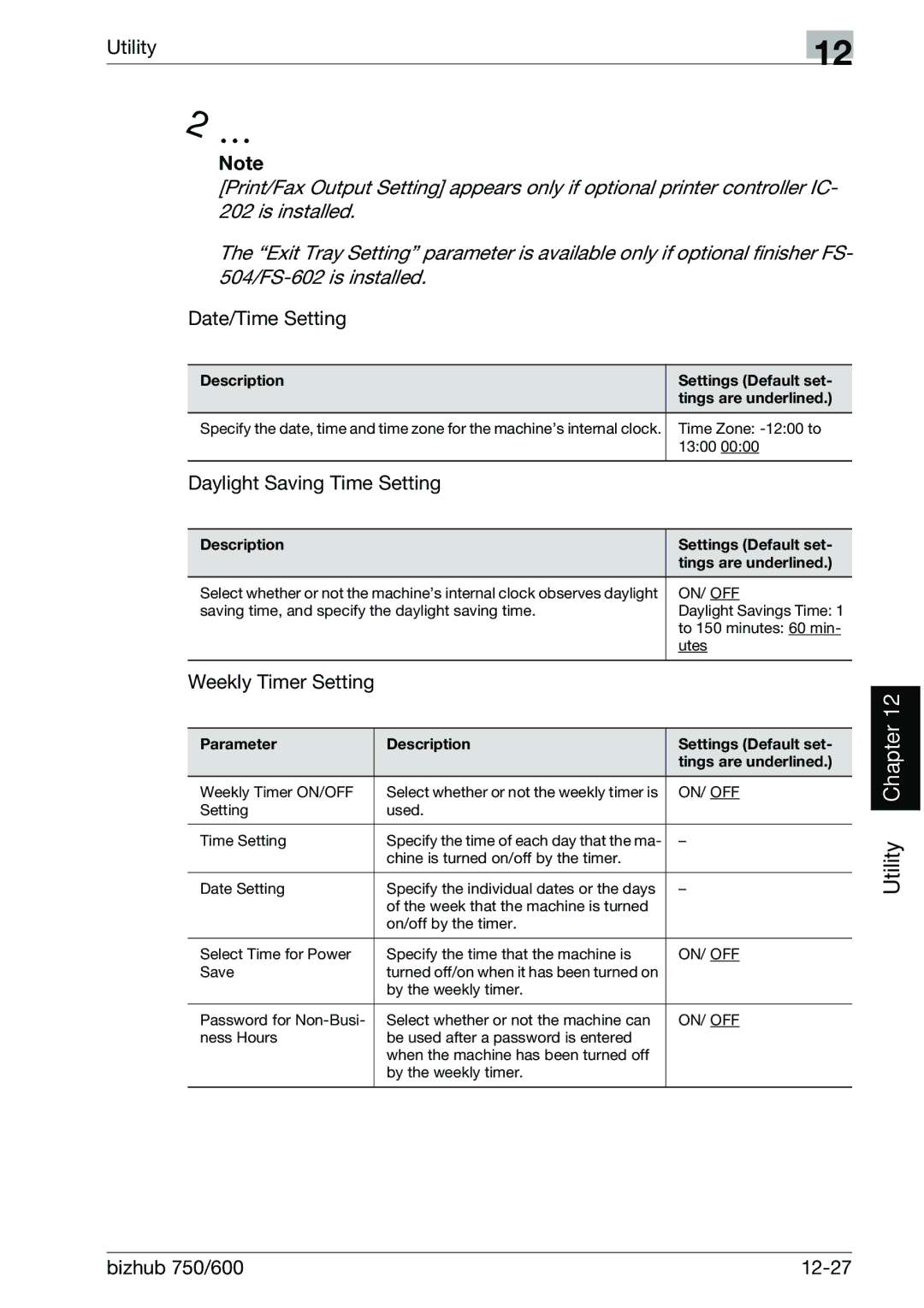Konica Minolta manual Daylight Saving Time Setting, Weekly Timer Setting, Bizhub 750/600 12-27 