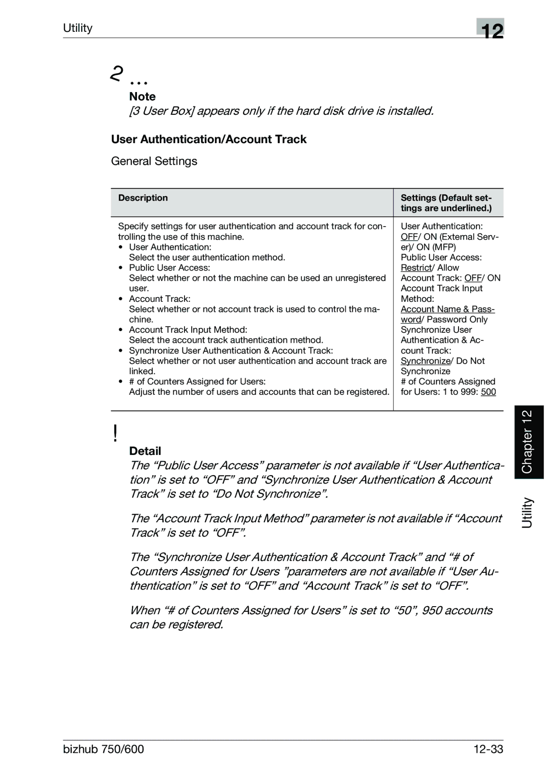 Konica Minolta manual User Authentication/Account Track, General Settings, Bizhub 750/600 12-33 