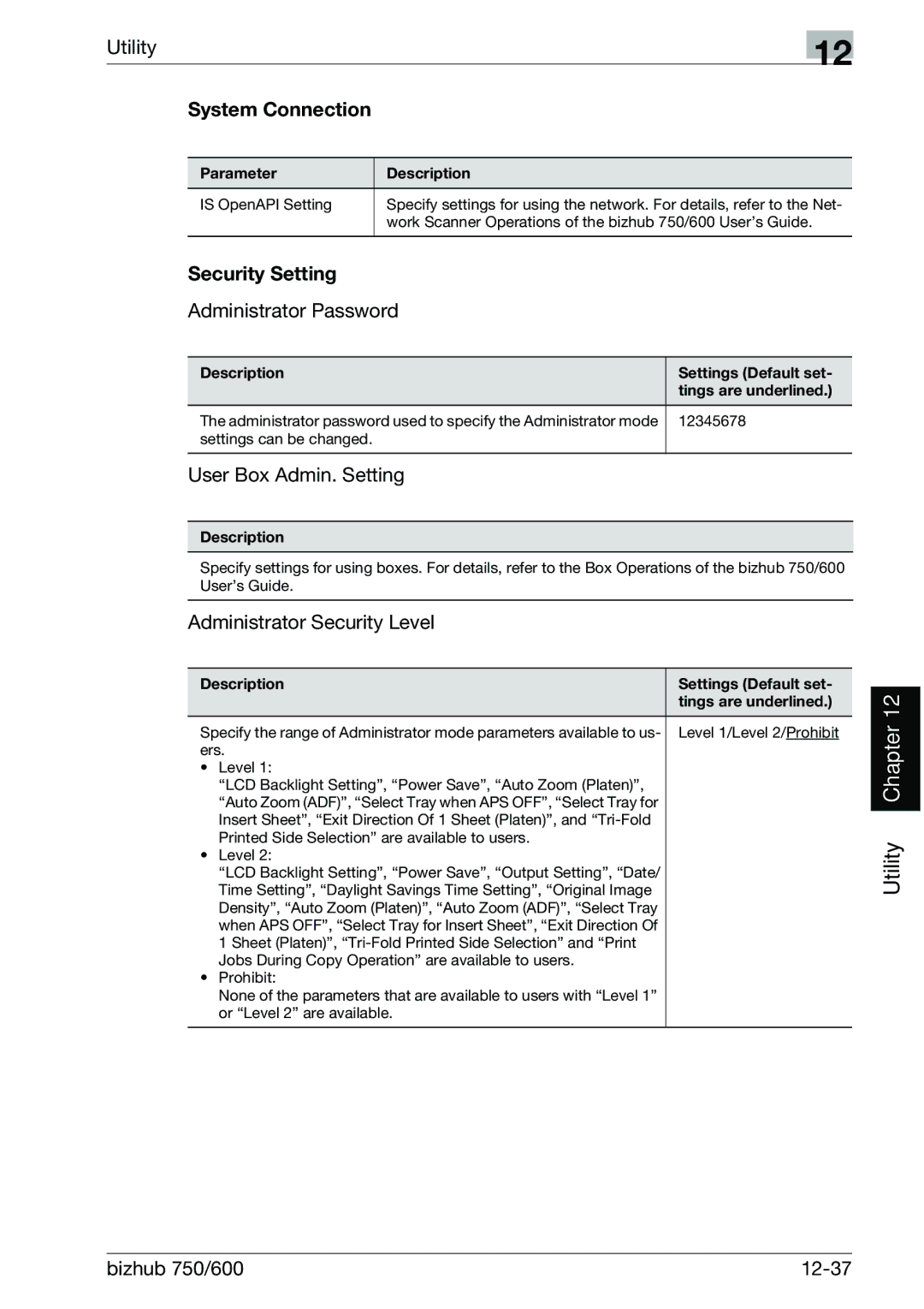 Konica Minolta 750 manual System Connection, Security Setting 