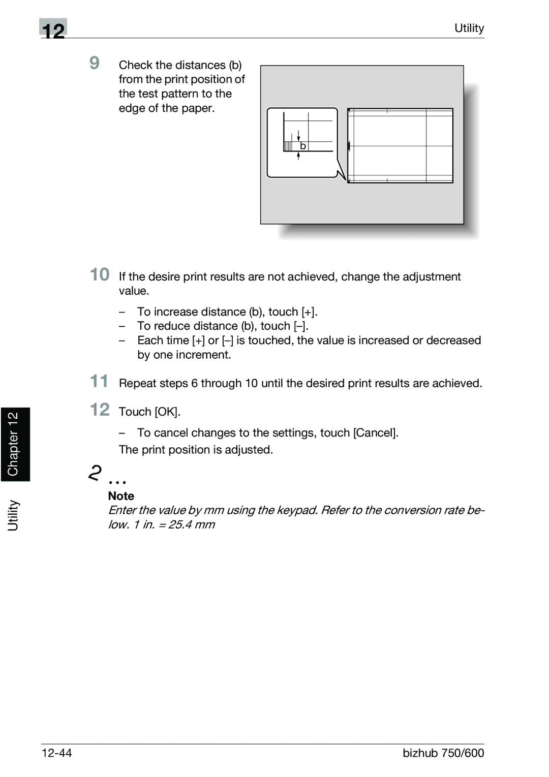 Konica Minolta 750 manual Check the distances b, From the print position, Test pattern to, Edge of the paper 