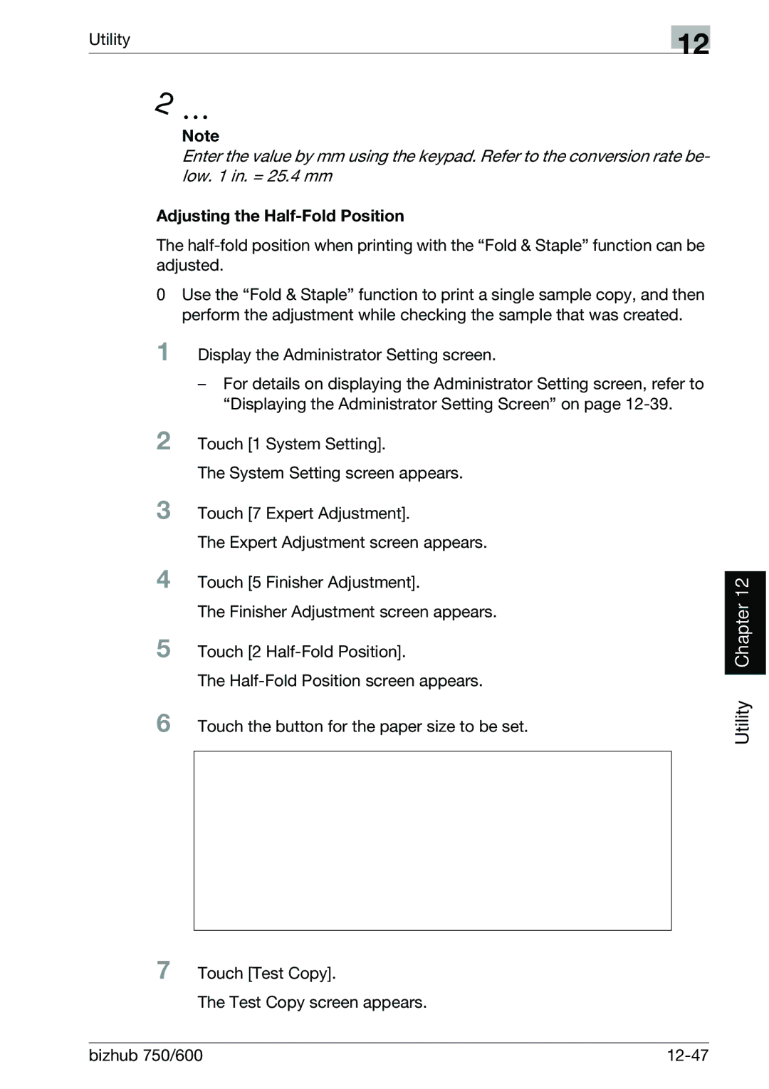 Konica Minolta manual Adjusting the Half-Fold Position, Bizhub 750/600 12-47 