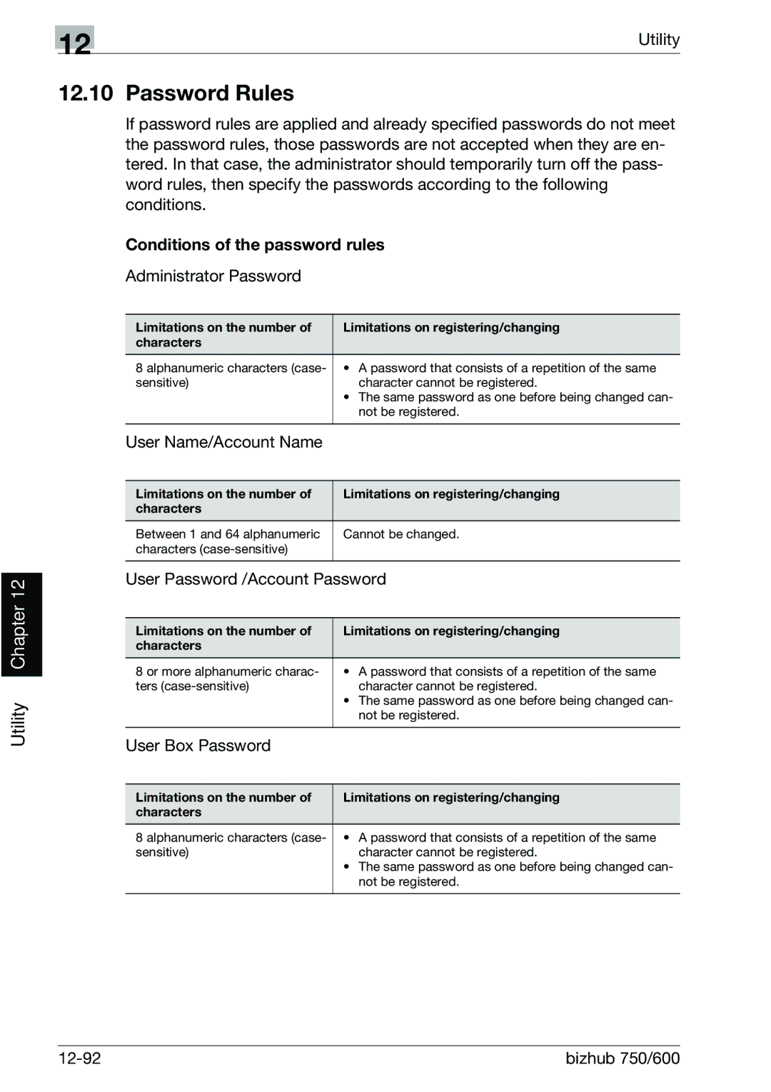 Konica Minolta 750 manual Password Rules, User Name/Account Name, User Password /Account Password, User Box Password 