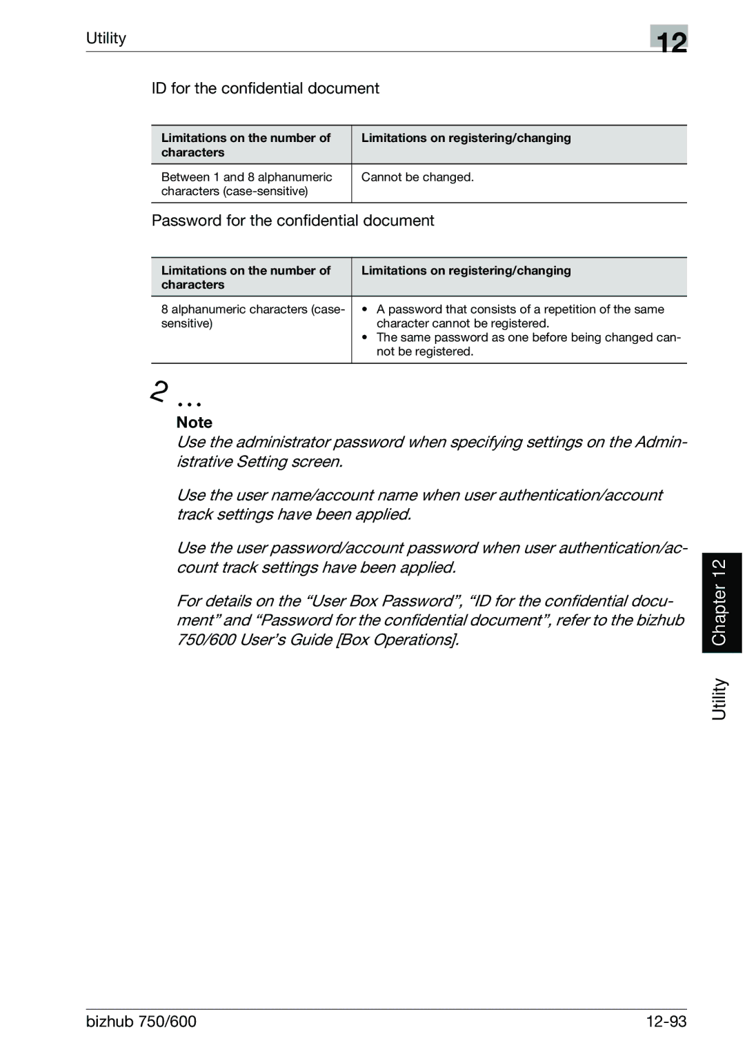 Konica Minolta Utility ID for the confidential document, Password for the confidential document, Bizhub 750/600 12-93 