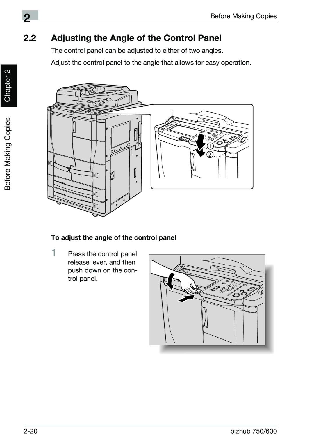 Konica Minolta 750 manual Adjusting the Angle of the Control Panel, To adjust the angle of the control panel 