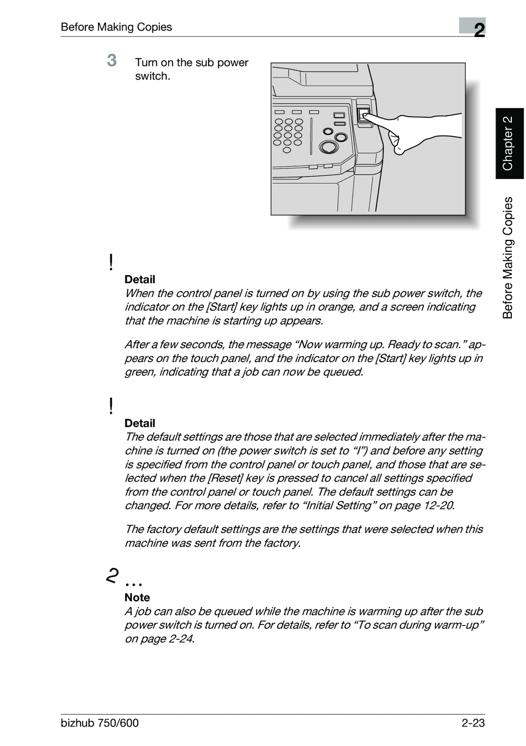 Konica Minolta 750 manual Before Making Copies Turn on the sub power Switch, Detail 