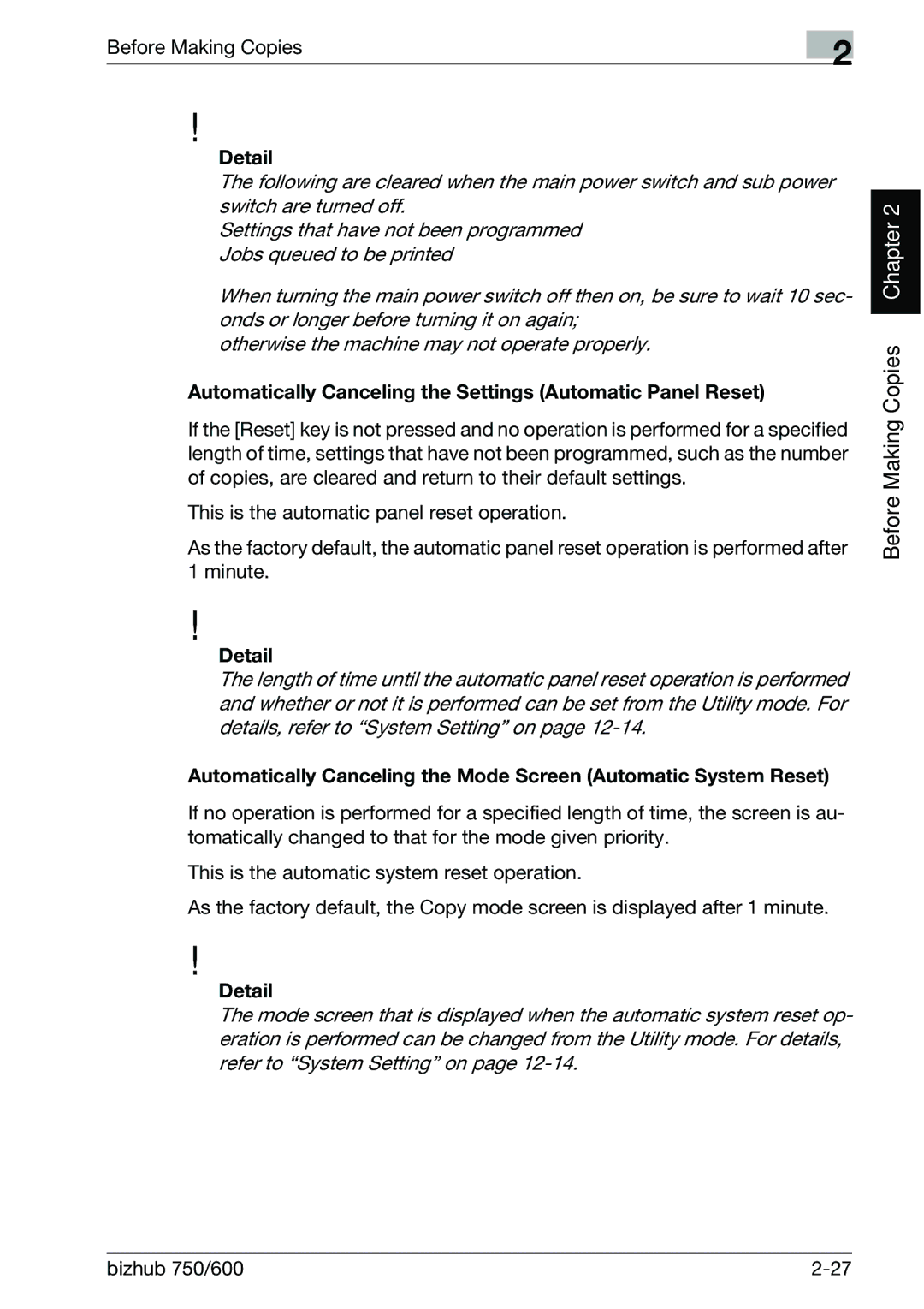 Konica Minolta 750 manual Automatically Canceling the Settings Automatic Panel Reset 