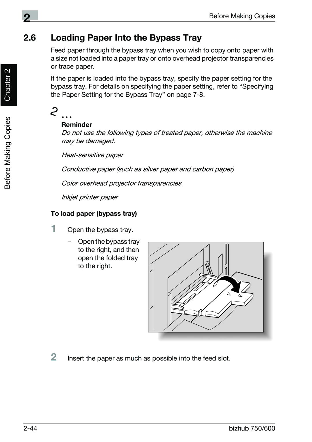 Konica Minolta 750 manual Loading Paper Into the Bypass Tray, To load paper bypass tray 