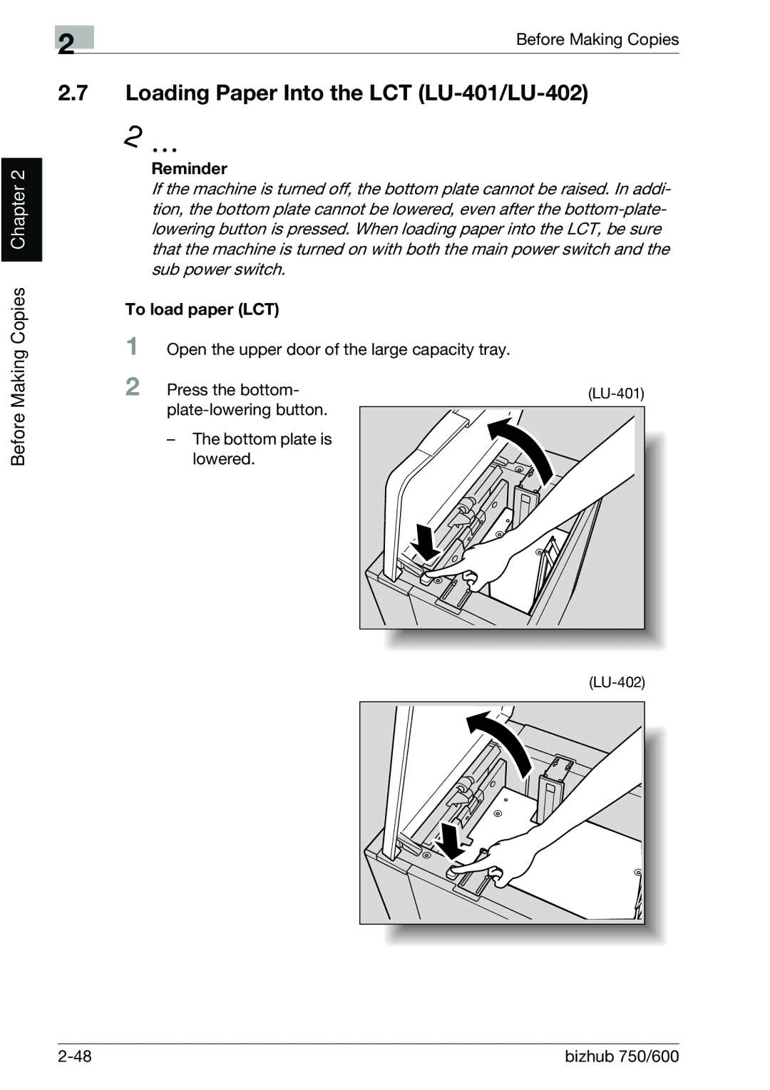 Konica Minolta 750 manual Loading Paper Into the LCT LU-401/LU-402, To load paper LCT 