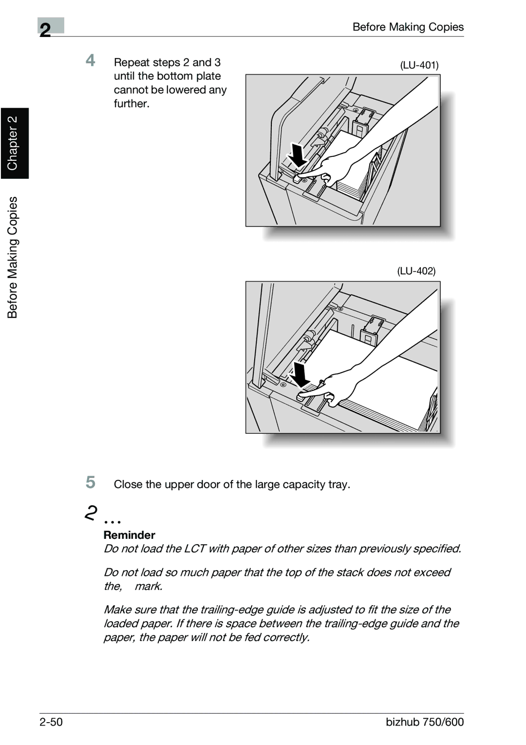 Konica Minolta 750 manual Before Making Copies, Close the upper door of the large capacity tray 