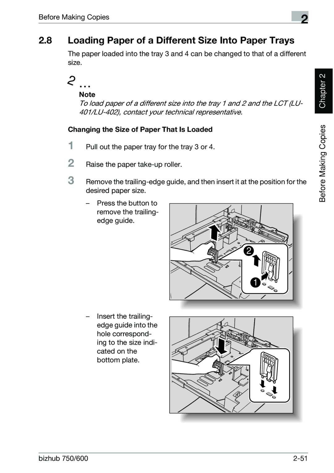 Konica Minolta 750 manual Loading Paper of a Different Size Into Paper Trays, Changing the Size of Paper That Is Loaded 