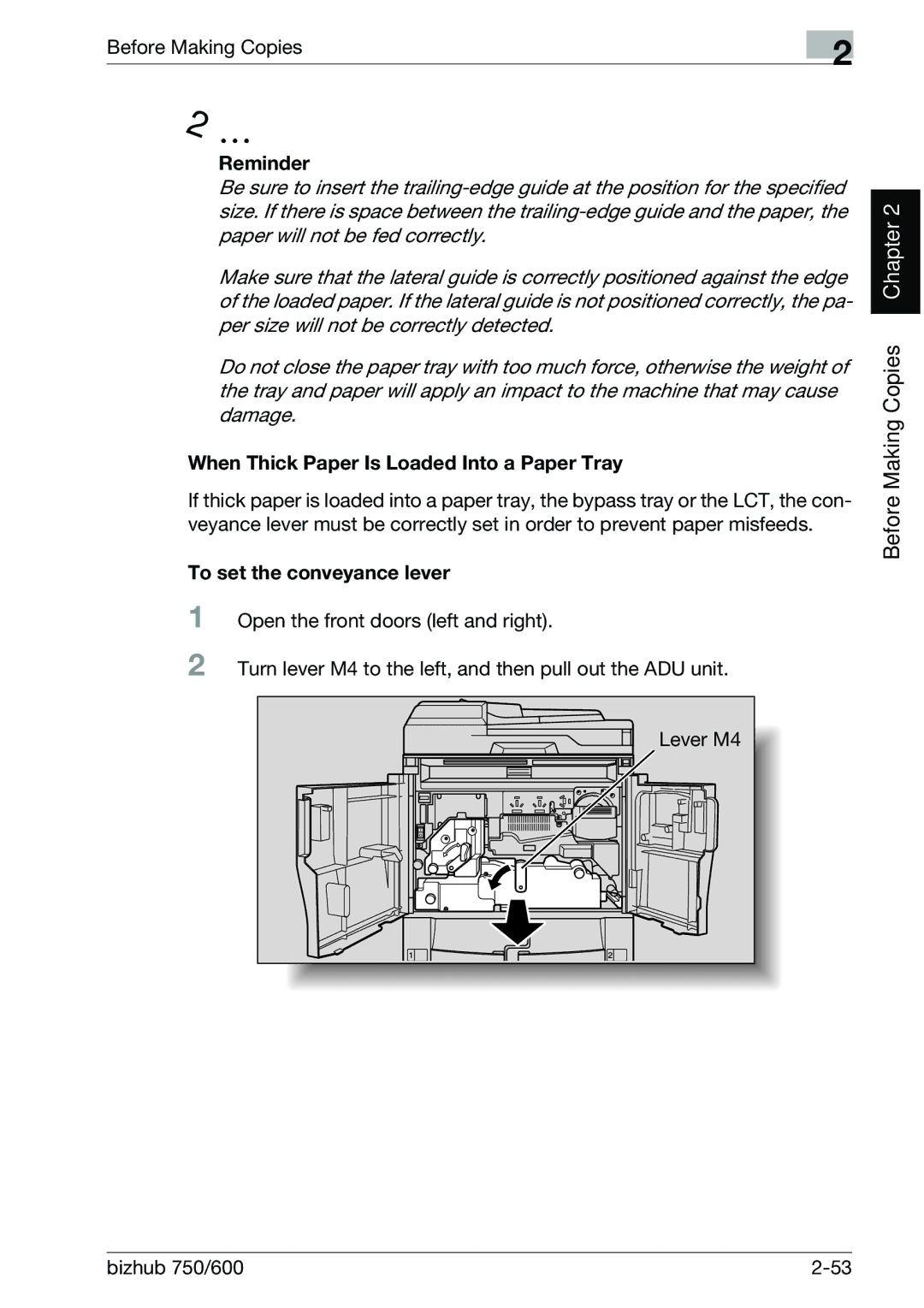 Konica Minolta 750 manual When Thick Paper Is Loaded Into a Paper Tray, To set the conveyance lever 