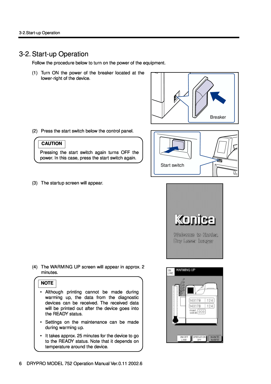Konica Minolta 752 operation manual Start-up Operation, Breaker, Start switch 