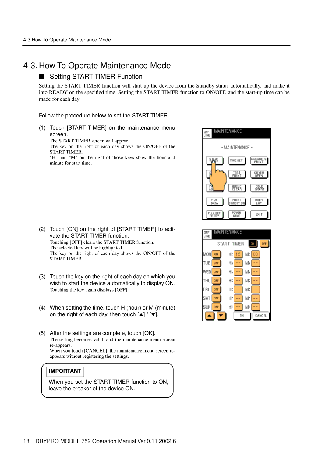 Konica Minolta 752 operation manual How To Operate Maintenance Mode, Setting Start Timer Function 