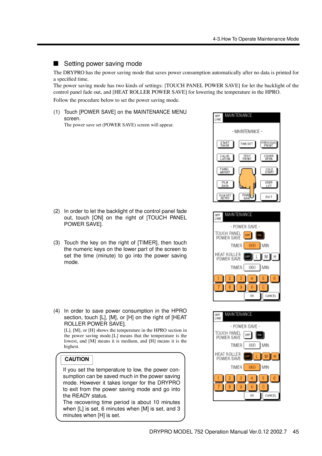 Konica Minolta 752 operation manual Setting power saving mode, Touch Power Save on the Maintenance Menu screen 