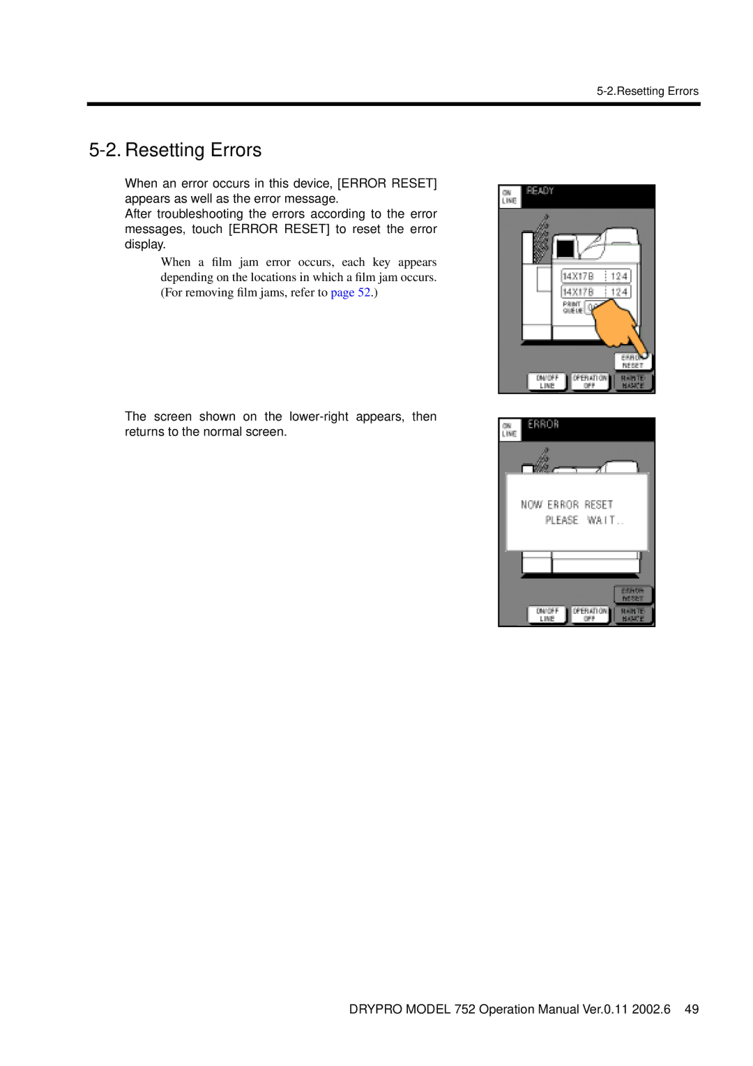 Konica Minolta 752 operation manual Resetting Errors 