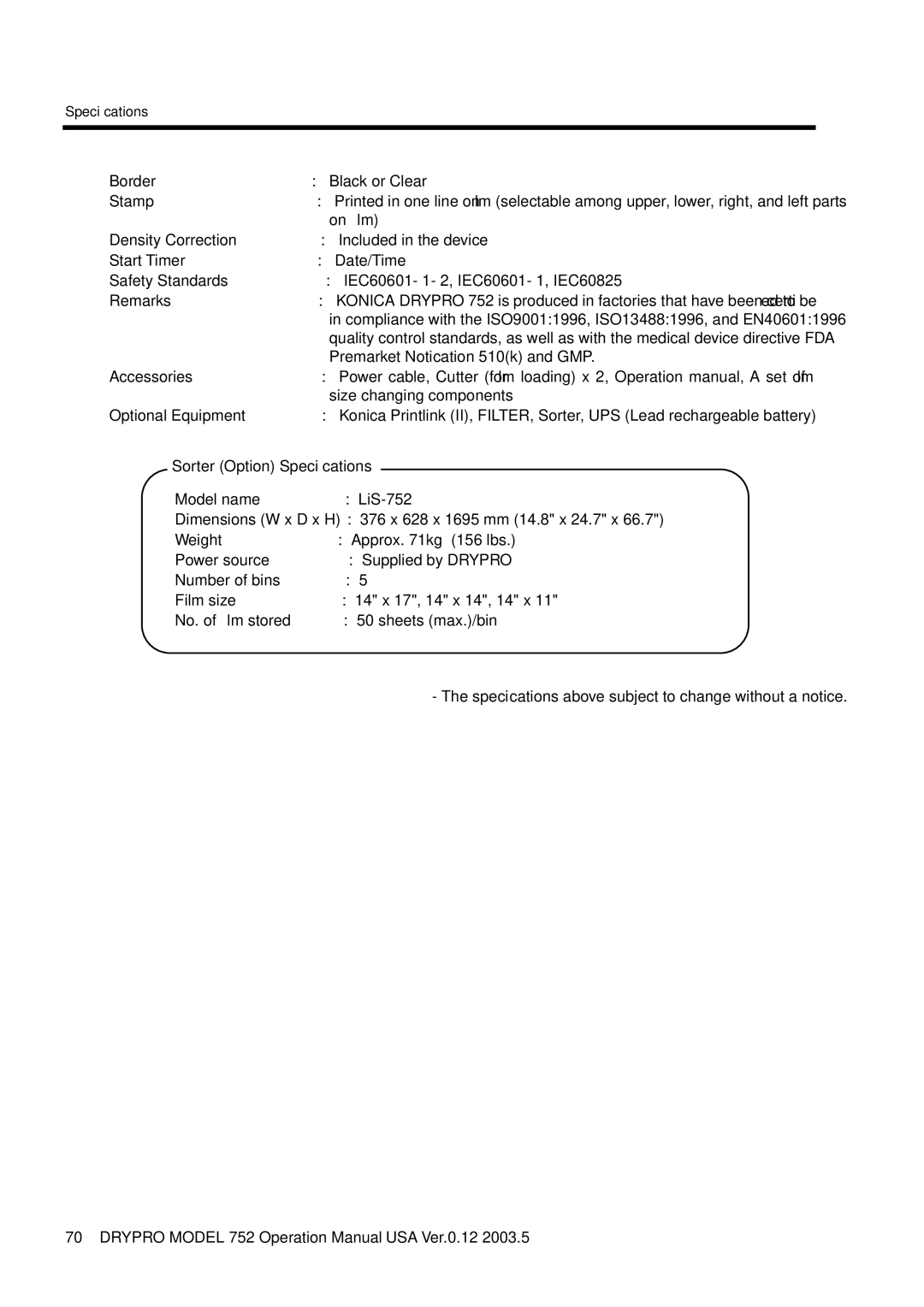 Konica Minolta 752 operation manual Sorter Option Speciﬁcations 