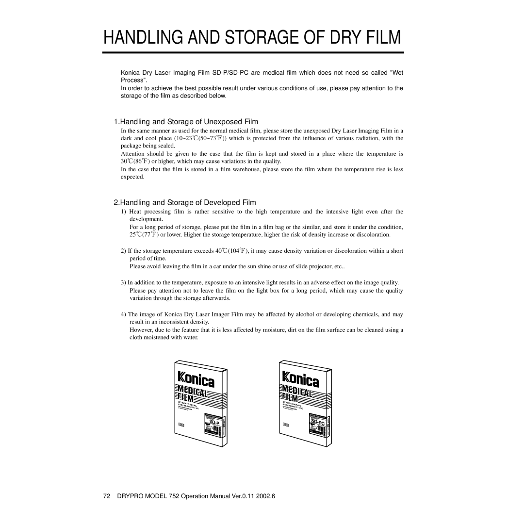 Konica Minolta 752 operation manual Handling and Storage of Unexposed Film, Handling and Storage of Developed Film 