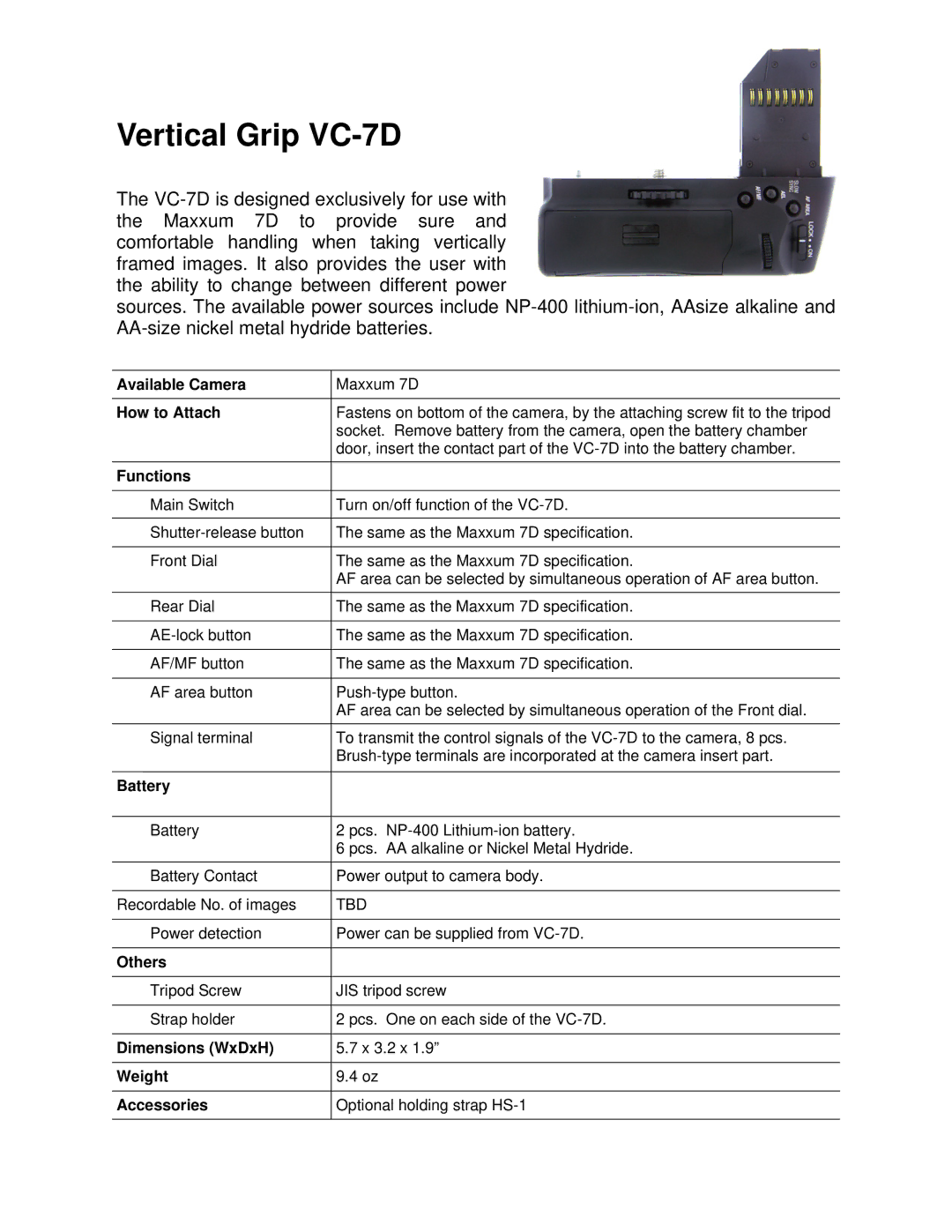 Konica Minolta manual Vertical Grip VC-7D 