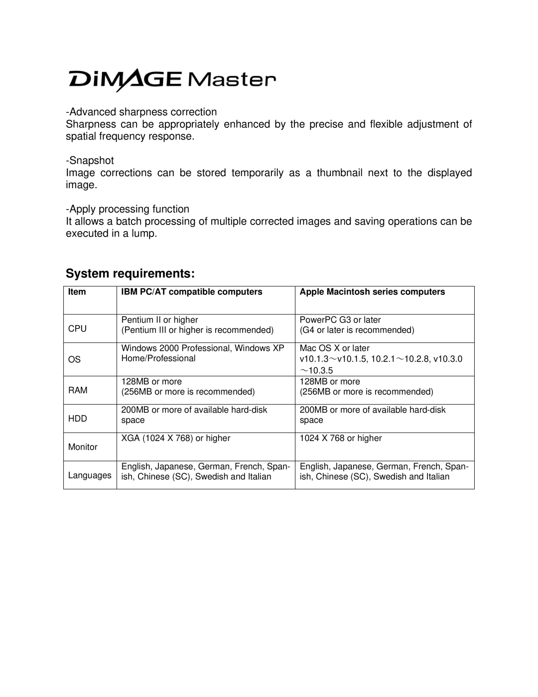 Konica Minolta 7D manual System requirements, Cpu 