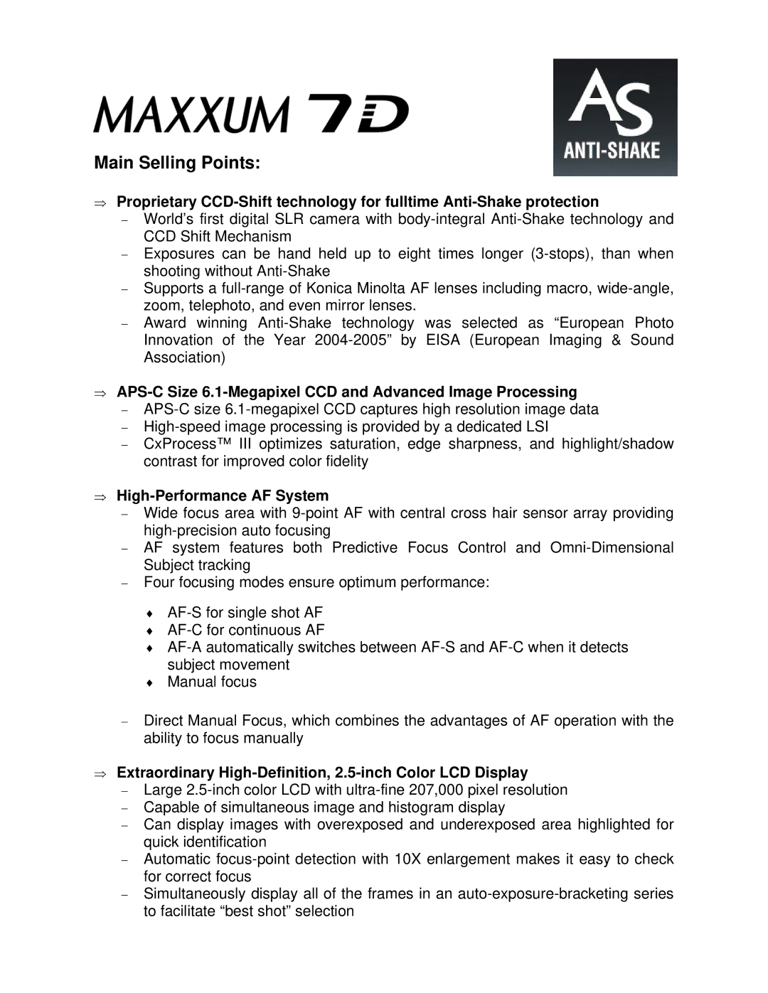 Konica Minolta 7D manual Main Selling Points, ⇒ High-Performance AF System 